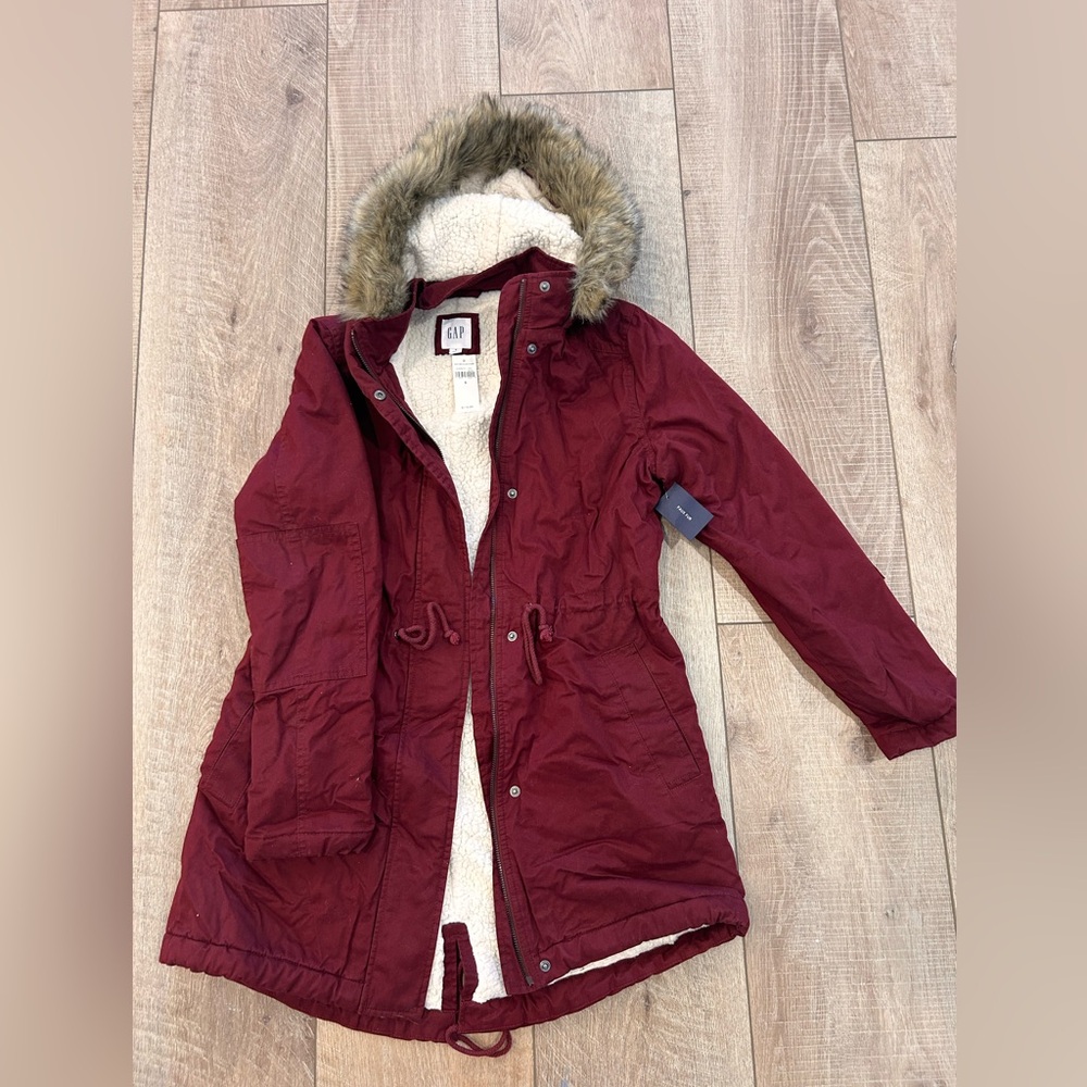 GAP Women's Deep Red Utility Jacket with Faux Fur Hood